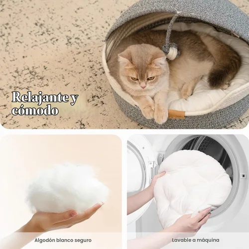 Vista 6 de CHEERPALS Cama para gatos con cojín lavable y cuerda de bola de algodón, cama cubierta para mascotas para gatos de interior, cama con capucha, cama