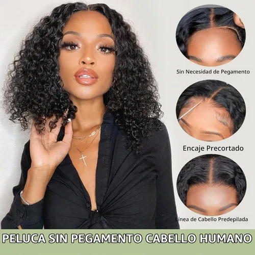 Vista 4 de Pelucas de cabello humano sin pegamento predepiladas precortadas Bob rizado corto con encaje frontal para mujeres negras, cierre de encaje 4x4