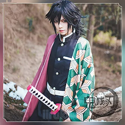 Vista 6 de iirukaa Tomioka Giyuu - Peluca de cosplay para Demon Slaye, anime Kimetsu no Yaiba, personajes de Halloween, pelucas de cosplay con gorra de peluca