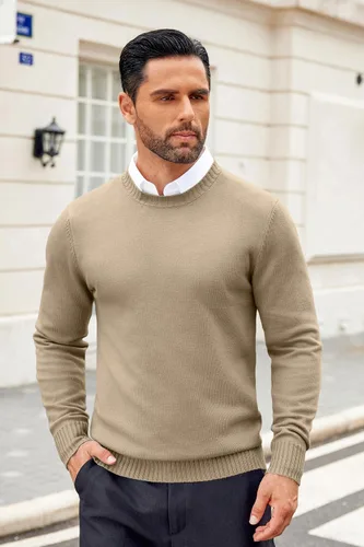 Vista 2 de COOFANDY Suéter de cuello redondo para hombre, sudaderas ligeras, suéter de punto, suéter de manga larga casual a la moda