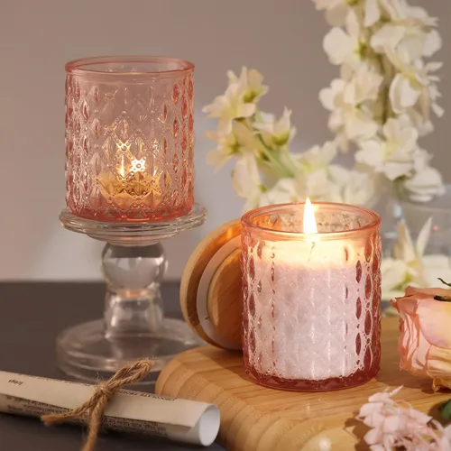 Vista 5 de NITIME 15 piezas de tarros de vela de 7.5 onzas rosados para hacer velas, recipientes de vela de vidrio con tapas de bambú y etiquetas adhesivas