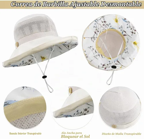 Vista 3 de Sombrero de sol de ala ancha para mujer, protección UV, transpirable, para viajes, para verano Beige