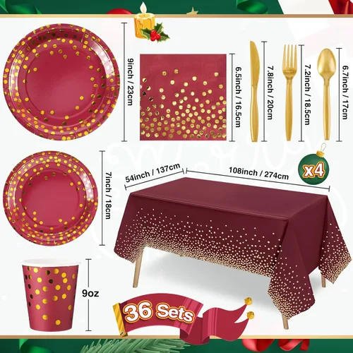 Vista 5 de Tegeme 256 piezas de suministros de fiesta de lunares burdeos y dorados, platos de papel, servilletas granate, vasos, vajilla desechable, mantel