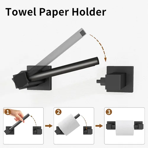 Vista 3 de Juego de 4 accesorios de baño negro mate, juego de toallas de baño de 16 pulgadas con soporte para papel higiénico, toalleros de acero inoxidable