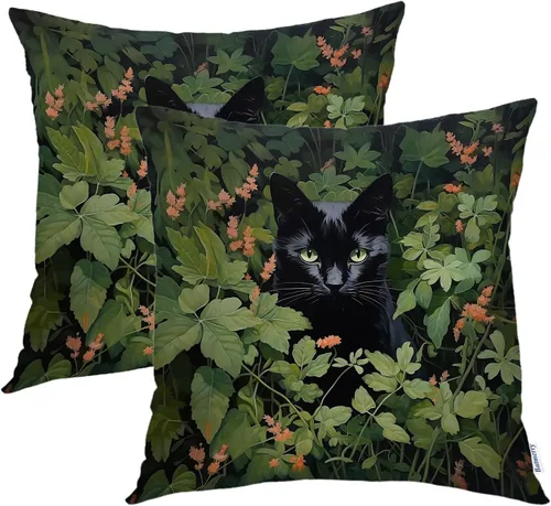 Vista 32 de Batmerry Fundas de almohada decorativas con estampado digital de hojas verdes y gatos negros con estampado digital para sofá, cama, cremallera