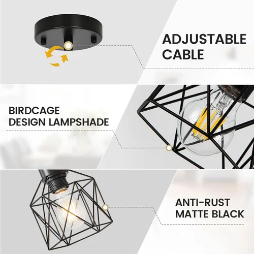 Vista 3 de Paquete de 3 lámparas colgantes colgantes, lámpara colgante industrial para comedor, dormitorio, pasillo, lámpara colgante de jaula de metal negro