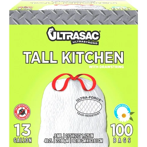 Vista 7 de Ultrasac Bolsas de basura de cocina altas con cordón blanco de 13 galones de 0.9 milésimas de pulgada de grosor y aroma fresco – 24 x 25 pulgadas
