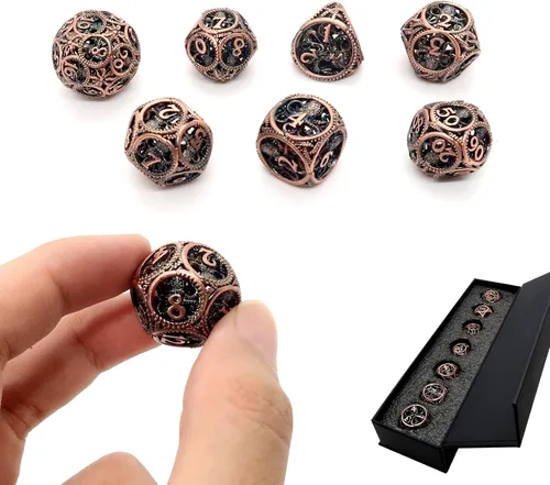 Vista 22 de Dados DND, dados de metal huecos D&D, juego de dados de mazmorras y dragones con caja de regalo, 7 piezas de juegos de dados poliédricos steampunk