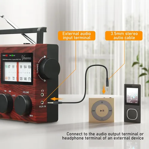 Vista 5 de Radio AM/FM portátil con control de graves, equipada con un altavoz de alta potencia integrado, conector para auriculares y entrada de audio AUX