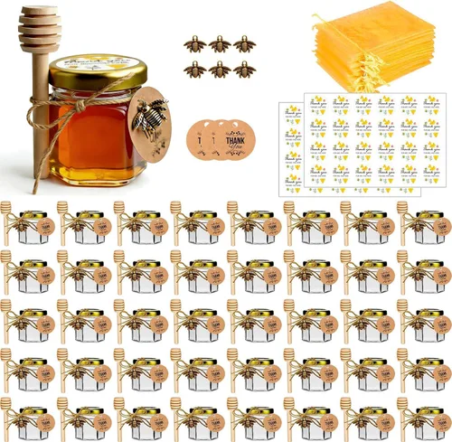 Vista 10 de Mini tarros de miel, 1.5 onzas de cristal hexagonal con goteros, abalorios de abeja, bolsas de regalo de organza y calcomanías, perfecto