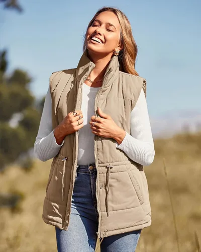Vista 2 de BTFBM Chaleco casual para mujer, con botones, con cremallera, acolchado, con cordón, sin mangas, con bolsillos