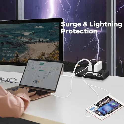 Vista 4 de Regleta de alimentación con abrazadera de escritorio de 3 salidas con 4 puertos USB, protector de sobretensiones de montaje en borde de escritorio