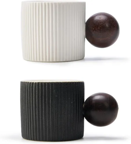 Vista 10 de Mini tazas de cerámica para café expreso, tazas Demitasse con mango redondo de madera a rayas verticales tazas de té (beige y azul, 2 unidades)