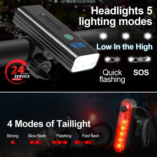 Vista 2 de Juego de luces multifuncionales para bicicleta de 3000 lúmenes, luz de bicicleta de 5200 mAh recargable, luz delantera para bicicleta de noche