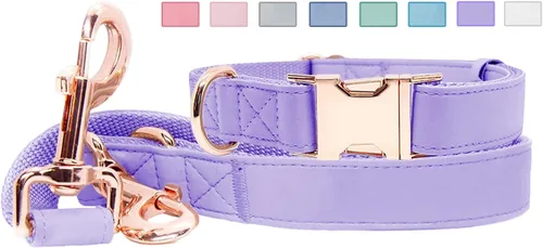 Vista 10 de Juego de collar y correa de cuero suave para perro (6.6 pies), elegante hebilla de metal resistente de oro rosa, correa de 4 longitudes ajustables