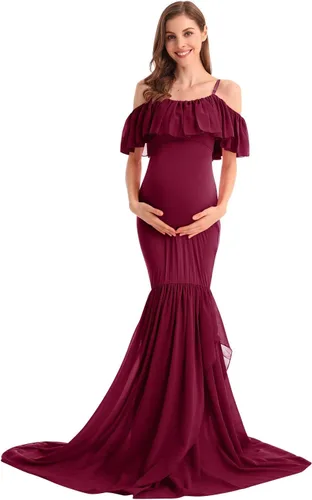 Vista 20 de MYRISAM Vestido de maternidad con volantes y hombros descubiertos para mujer, vestido de fiesta de sirena de gasa, vestido ajustado