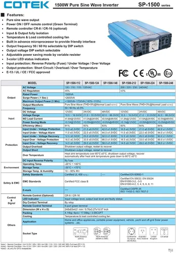 Vista 6 de SP-1500-112 Inversor de onda sinusoidal pura con GFCI dual 12VDC 120VAC 1500W (SP-1500-112)
