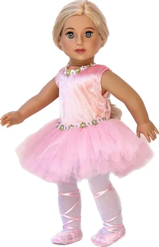 Vista 4 de Prima Bailarina - Traje de bailarina de 3 piezas para muñecas de 18 pulgadas, leotardo rosa con tutú, medias blancas y zapatos de ballet