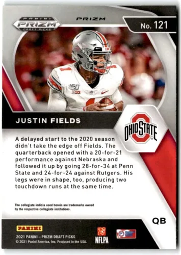 Vista 2 de 2021 Panini Prizm Draft Picks Prizms Green #121 JUSTIN FIELDS RC Ohio State Buckeyes Football Trading Card