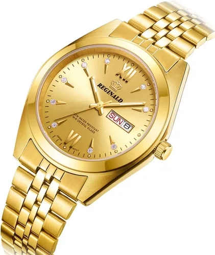 Vista 3 de PASOY Fashion Men's All Gold Watch Unisex Diamonds Steel Ultra Thin Case Quartz Silver Roman Date Week Wrist Watch 37mm oro reloj de pulsera