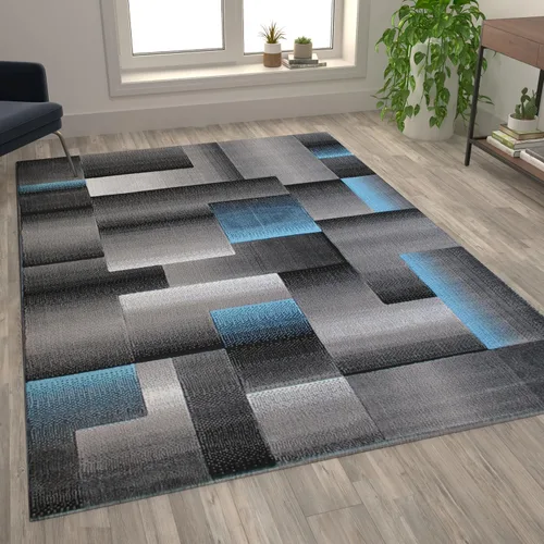 Vista 9 de Flash Furniture Elio Collection - Alfombra de área con patrón de bloques de color, alfombra de olefina azul de pelo alto, alfombra de área de 2 x 3