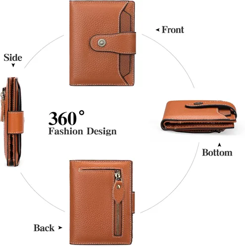 Vista 4 de FALAN MULE Cartera pequeña para mujer, de piel auténtica, plegable, compacta, con bloqueo RFID, pequeña cartera para mujer, ZAO-Caramelo, Compacto