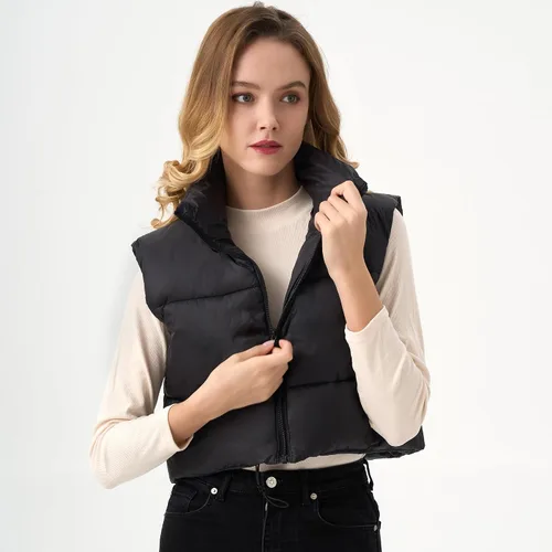 Vista 5 de Chaleco acolchado recortado para mujer, ligero, sin mangas, cálido, para invierno, con cuello alto, acolchado
