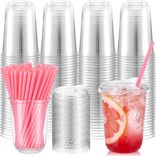 Vista 8 de Ziliny 25 juegos de vasos de plástico con pajitas y tapas de corazón rosa