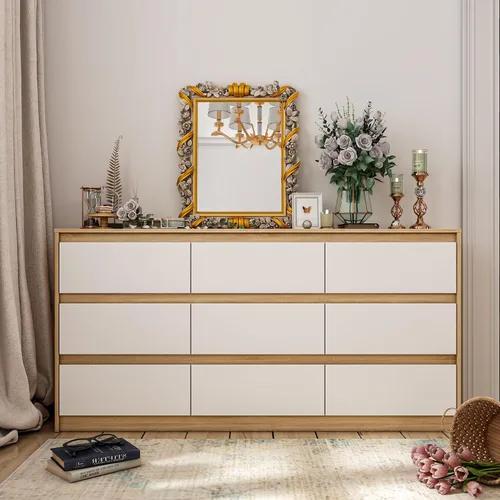 Vista 10 de Cómoda de 9 cajones para dormitorio con cajones profundos, cómodas grandes de piso de madera y cajoneras sin manijas, cómodas largas negras modernas