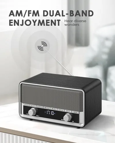 Vista 4 de Radio Bluetooth AM FM de madera retro con pantalla de tiempo