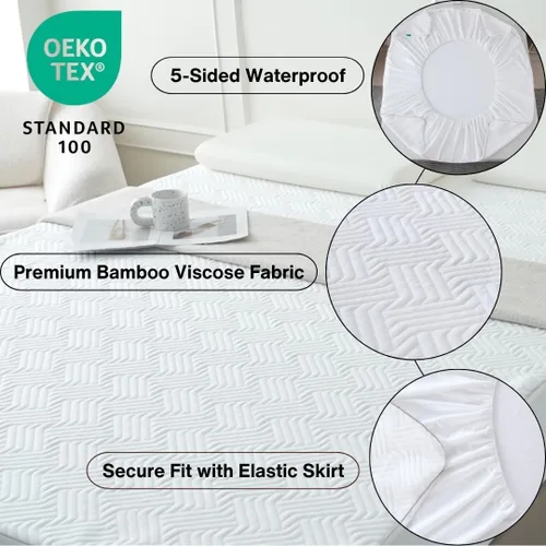 Vista 2 de Protector de colchón impermeable de 5 lados, viscosa de bambú suave, refrescante y transpirable, bolsillo profundo para camas de hasta 18 pulgadas