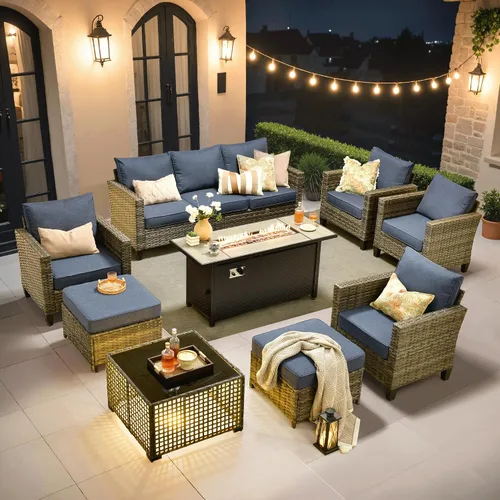 Vista 23 de ovios Juego de muebles de patio de 4 piezas con sofá de exterior, luces solares, mesa, cojines cómodos, sofá de conversación de mimbre de ratán