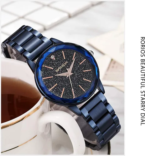 Vista 3 de RORIOS Relojes de cuarzo analógicos de moda con banda de acero inoxidable con esfera de cielo estrellado para niñamujer impermeable, Azul, Relojes