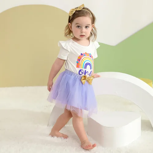 Vista 3 de Conjunto de ropa de primer cumpleaños para niñas con estampado de arco iris, falda de tul tutú con diadema