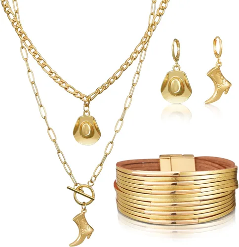 Vista 15 de 3 piezas de joyería boho occidental para mujer, conjunto de joyas de turquesa, aretes vintage, pulsera, collar bohemio occidental para mujer Negro