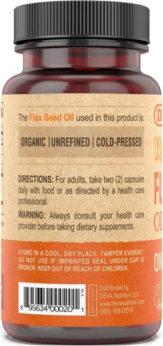Vista 4 de Deva Suplemento vegano de aceite de linaza omega-3, 1000 mg por porción, prensado en frío y sin refinar, alternativa al aceite de pescado