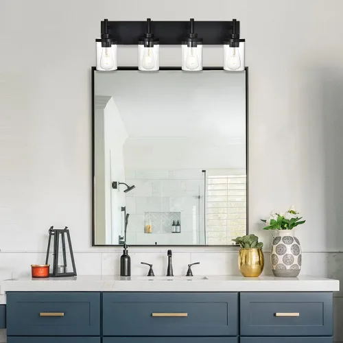 Vista 3 de Lámpara de tocador de baño sobre espejo, lámparas de pared de baño negras, iluminación moderna con pantalla de vidrio transparente, aplique de pared