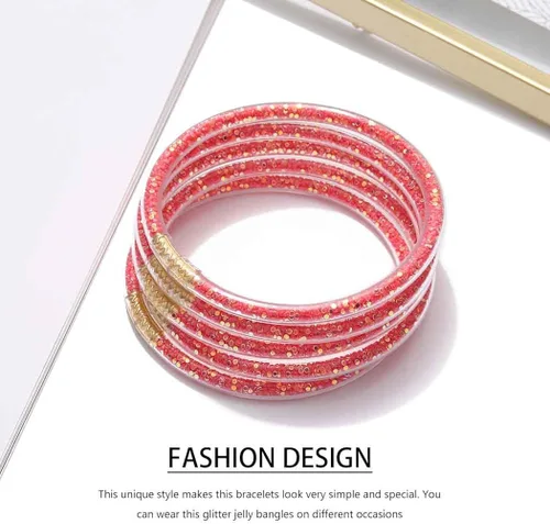 Vista 8 de Sakytal Pulsera de gelatina con purpurina y lazo, juego de pulseras de silicona apilables, con relleno de gelatina brillante para mujeres y niñas