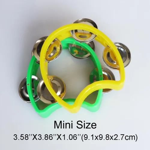 Vista 4 de Pandereta mini campana de mano de percusión instrumento musical pandereta pequeña (1 verde y 1 amarillo) Paquete de 2 (1 verde y 1 amarillo)