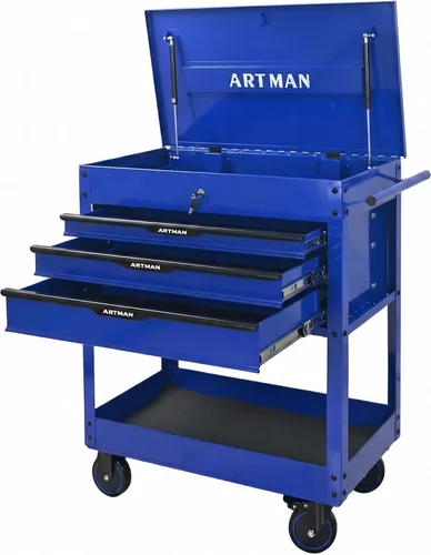 Vista 15 de Caja de herramientas con ruedas de 4 cajones, carrito de almacenamiento de herramientas con parte superior de madera, caja de herramientas