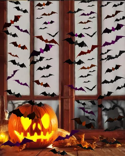 Vista 3 de 72 piezas de decoración de murciélagos de Halloween para interiores y exteriores, suministros de fiesta de Halloween, calcomanías de murciélago 3D 3