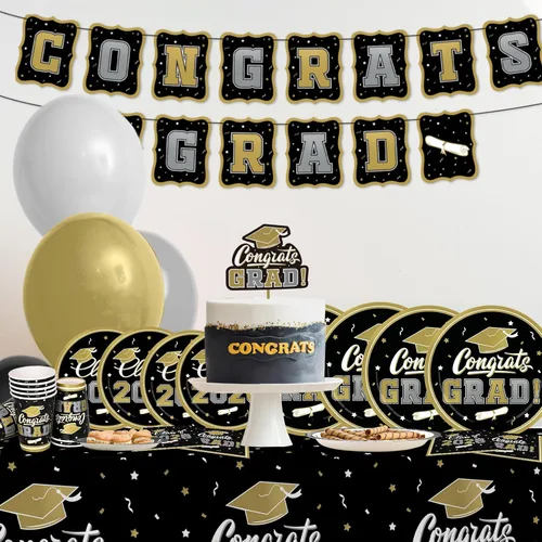 Vista 6 de Decoraciones de graduación de clase de 2026, juego de vajilla de fiesta de graduación de graduación negro y dorado, platos de papel desechables