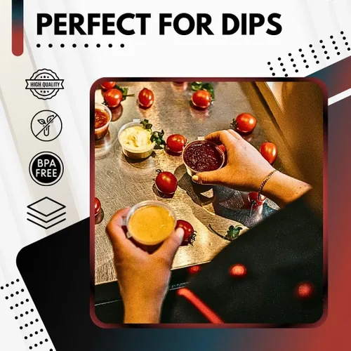 Vista 5 de Green Direct Recipientes de plástico pequeños desechables de 1 onza con tapas, recipientes de condimentos para porciones para chupitos de gelatina