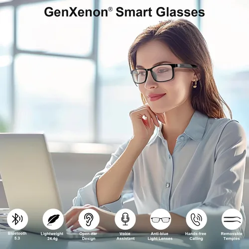 Vista 2 de GenXenon Lentes inteligentes para hombres y mujeres, lentes Bluetooth con bloqueo de luz azul con patillas extraíbles, diseño de orejas abiertas