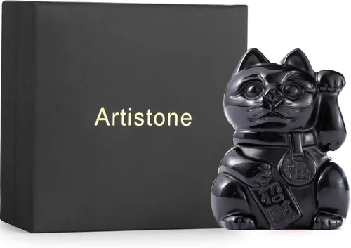 Vista 6 de Artistone Black Obsidian Crystal Maneki Neko Money Feng Shui Fortune Lucky Cat Collectible Figurine Gemstone Sculpture for Attract Wealth Good Luck