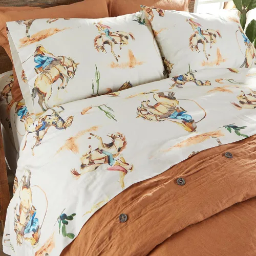 Vista 2 de Rod's True Western Bronco - Juego de sábanas tamaño matrimonial, ropa de cama occidental de 4 piezas, sábanas de algodón con fundas de almohada