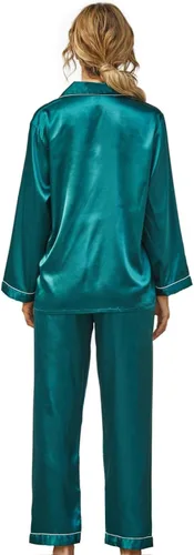 Vista 4 de Conjunto de pijama de seda para mujer, conjunto de pijama de manga larga de dos piezas, conjunto de pijama con botones, ropa de dormir