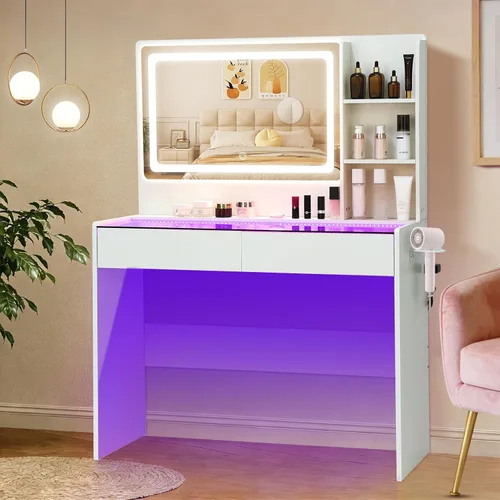 Vista 10 de Escritorio de tocador de maquillaje con espejo y luces, parte superior de Rosa