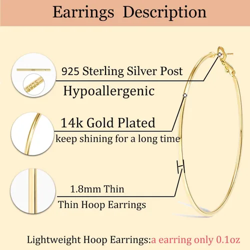 Vista 5 de Cocadant Big Gold Hoop Earrings for Women Girls,Dainty 14k Gold Hypoallergenic Rose Gold Silver Hoop Earrings with 925 Sterling Silver