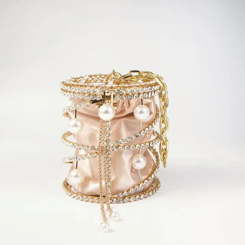 Vista 5 de Bolso bandolera metálico de lujo con diamantes de imitación para mujer, diseño de cadena de perlas 2025, ideal para vacaciones, fiestas, bodas